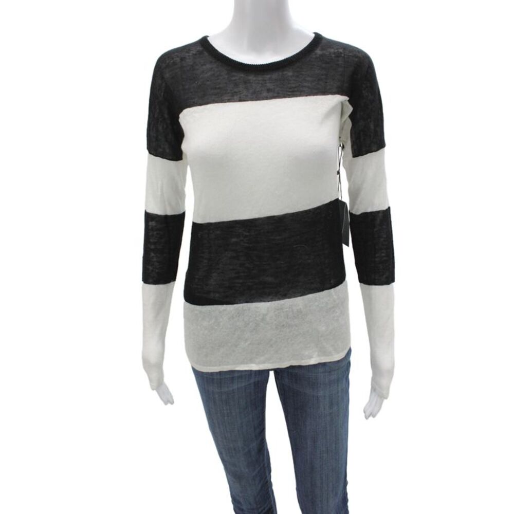 Intermix Women Pullover Striped Linen Crew Neck Long Sleeve Sweater Size XS